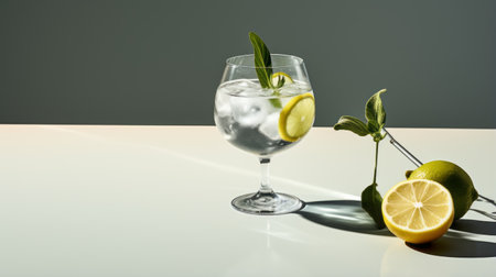 a glass filled with ice and citrus sits beside four slices of lemon. the image showcases highly detailed foliage in a light gray and white color scheme. the artwork, created by bill durgin, is influenced by pop culture and the style of salvator rosa. the composition is rich and immersive, with minimal retouching. ai generatedの素材
