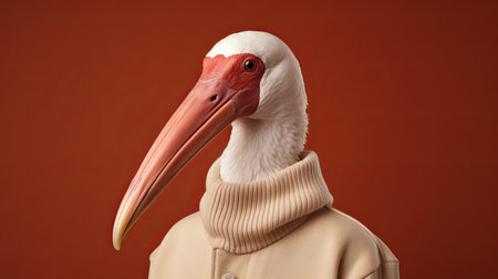 a woman in a long jacket wearing a white stork with a long beak. this conceptual portraiture, rendered in cinema4d, showcases minimalist portraits with a close-up view. the light red and brown tones add depth to the hyperrealistic animal portrait. the carved animal figure enhances the overall artistic appeal. ai generatedの素材