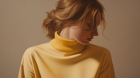 a young woman with closed eyes and flowing hair is captured in a precise hyperrealistic style. she is wearing a yellow sweater, reflecting the monochromatic expressionism of the image. the aesthetic draws inspiration from mori kei, with light yellow and light maroon tones. the illustration exudes a playful and youthful vibe, showcasing sharp attention to detail. ai generatedの素材