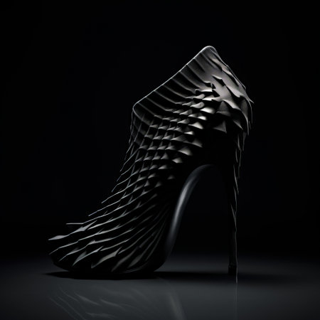 high heel futurist shoes for women in 4k 3d animation. these shoes are designed in the style of neo-plasticist art, featuring dark chiaroscuro and intricate details. the tactile surfaces and industrial design give them a unique and edgy look. inspired by figura serpentinata, these shoes are perfect for an installation-based fashion statement. ai generatedの素材