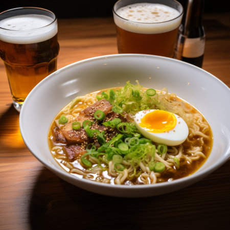 a bowl of noodles and meat, accompanied by a glass of beer, is beautifully presented in this photograph. the vibrant colors of dark orange and light indigo create a visually striking image. with a touch of japanese influence and a pop kei style, this high dynamic range photo is rich and immersive. the inclusion of rtx technology enhances the eye-catching appeal of the scene. aiの素材