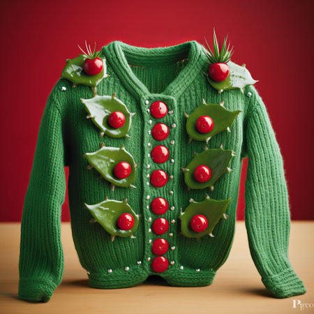 christmas ugly sweater in the shape of a cherry, featuring spiky mounds design. this photo showcases the use of photo-realistic techniques, with restored and repurposed elements. the contrasting lights and darks create a visually striking effect. the sweater follows the trendy "mommys on-the-phonecore" style, with a color palette of green and amber. photo taken by a user on flickr. ai generatedの素材