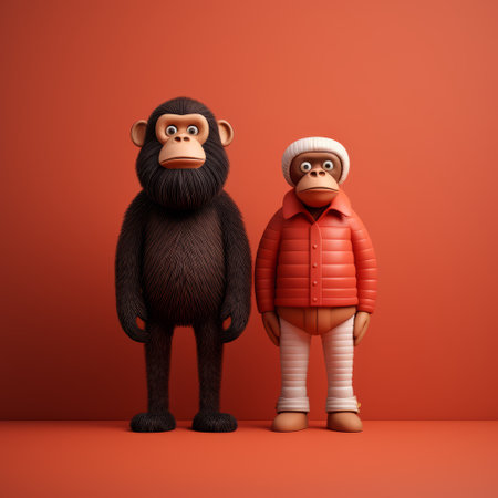 two bananas, accompanied by two individuals, are depicted in a hyper-realistic style rendered in cinema4d. the animal illustrations showcase bold character designs with dark orange and crimson tones. the color field is dominated by dark brown and white, creating a visually striking composition. the photograph was captured using a konica big mini camera. ai generatedの素材