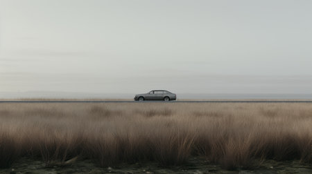 an open parking lot, surrounded by tall grass, showcases a contemporary minimalist design. with its light gray and dark black color scheme, the aesthetics of this space exude a sculptural appeal. the coastal views add to the overall ambiance, while the minimalist sets and muted colors create a gothic revival vibe. ai generatedの素材