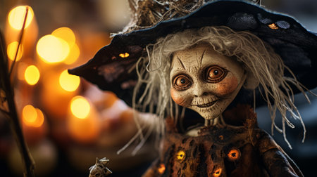 a photo of a witch with a white candle sash placed on a table. the highly detailed figure showcases adorable toy sculptures with earthy tones and detailed facial features. the close-up shot captures the eye-catching detail of this nightmarish illustration. ai generatedの素材