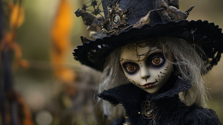a gothic doll, dressed in a long white lace dress and a black top hat, is captured in this photograph. the image, taken with a canon eos 5d mark iv, showcases the dark gray and amber tones, as well as the hyper-detail and shallow depth of field characteristic of naoto hattori's style. the doll's colorful storytelling is reminiscent of the work of toby fox. aiの素材