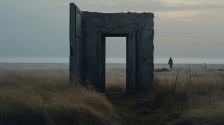 a man stands near a fantastical ruin resembling an airplane in a dark and foreboding landscape. the scene is reminiscent of dutch seascapes with arched doorways. the photograph is captured in stunning 8k resolution, showcasing the intricate details of the ambient sculptures. the overall aesthetic exudes a cabincore vibe. ai generatedの素材