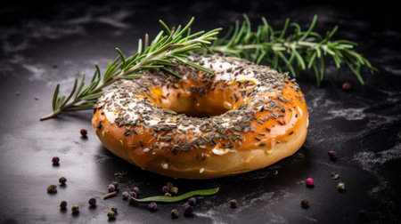 a bagel adorned with rosemary sprigs sits on a dark gray and amber background in this high-quality, uhd image by frantiek dvok. the photo showcases exquisite craftsmanship with its glazed surfaces and expertly executed focus stacking technique. ai generatedの素材