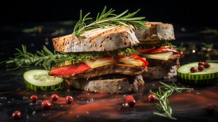 healthy sandwich with sliced meat, carrot, pepper, lettuce, mint, salt, rosemary, tomato, and basil. captured in a close-up shot, the vibrant colors of dark red and dark amber create a visually appealing composition. taken with a hasselblad h6d-400c, this image showcases the sandwich's multi-layered ingredients. the dark green and yellow hues add a stylish touch to this troubadour-style cheese creation. ai generatedの素材
