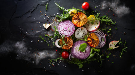 sliced fruits and vegetables arranged in a striped pattern on a dark stone table. this uhd image, inspired by the postmodern pastiche style of othon friesz and caras ionut, features a captivating blend of light purple and red hues. the composition showcases the artful combination of colors and textures, resulting in a visually stunning display. ai generatedの素材