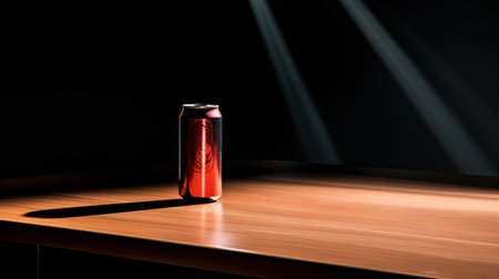 a can of red bull energy drink sits on a wooden table, creating a striking contrast between light and shadow. this minimalist surrealistic composition, reminiscent of agfa apx photography, has been reimagined by industrial light and magic. the scene exudes a luminous sfumato effect, adding an ethereal touch to the overall aesthetic. ai generatedの素材