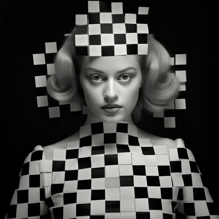 a woman wearing a checkerboard-covered outfit stands in front of the camera. the photograph is inspired by the styles of mandy disher, constructivist photography, charles white, and mike campau. the image showcases a juxtaposition of shapes and a pixel-perfect composition. it also incorporates elements of the mono-ha art movement. ai generatedの素材