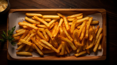 french fries with dill vinaigrette arranged on a wooden board, captured from an aerial perspective. this photograph showcases the artistic style of realistic anamorphic art, with a motion blur panorama effect. the image, inspired by the works of paul strand, features a highly realistic depiction of the fries, enhanced by the amber-toned lighting. ai generatedの素材
