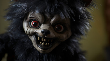 a black fur cat sits in a dark room, surrounded by masks and totems. the photorealistic detail brings out the cat's features, while the contrasting light yellow and dark red colors create a captivating atmosphere. this unique artwork combines elements of toycore and clowncore, making it a fascinating commission piece. turn on the rtx for an enhanced visual experience. ai generatedの素材