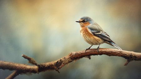 bird perched on branch, showcasing a soft focus romanticism with a blend of light brown and dark blue hues. the image features vignetting, adding a touch of artistic flair. the 8k resolution captures the rich, painterly surfaces, while the combination of light orange and navy tones creates a forestpunk aesthetic. ai generatedの素材