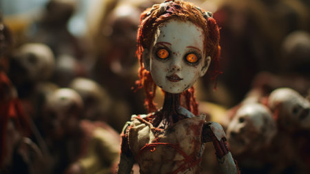 a photo of a whimsical figurative scene from the horror movie "the walking dead 3d" is captured in stunning detail using the laowa 100mm f/2.8 2x ultra macro apo lens. the image showcases intricate details that are easily missed at first glance. the lighting, created with vray tracing, features a combination of light red and light amber tones. the photo is taken with a fujifilmの素材