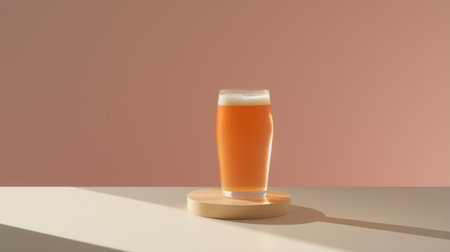 a glass of beer, in the style of light pink and light orange, is placed on a wooden flat surface. this visually appealing photo showcases the artistry of physically based rendering and the influence of the american studio craft movement. the use of kimoicore, ed freeman, tonal sharpness, and traditional techniques reimagined adds depth and creativity to the composition. ai generatedの素材