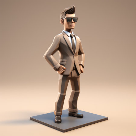 a real estate agent in south africa is seen wearing a special taupe suit with futuristic material attached. the closed suit includes a helmet, giving a mysterious and futuristic vibe. the image is rendered in a 3d isometric style, reminiscent of clash of clans, with a cartoon art aesthetic. the overall design features a basic style with low poly and low details. ai generatedの素材