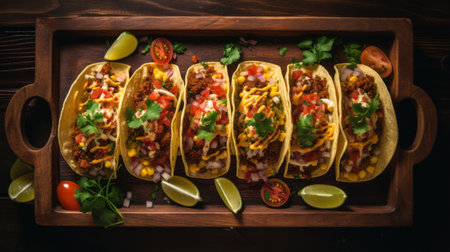four mexican tacos are beautifully presented on a wooden serving tray, adorned with lime slices and a variety of spices. this captivating photograph, captured in the style of 8k resolution by matt molloy, showcases the tacos' vibrant colors and textures. the tabletop photography technique used creates a multi-layered effect, enhancing the visual appeal. these delicious tacos, made with cheese, exude a festive carnivalcore vibe. aiの素材