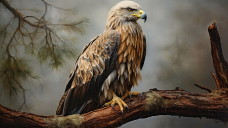 a majestic brown eagle, captured in a hyperrealistic painting style, is seen perched gracefully on a trunk. this stunning artwork, created using airbrushing techniques and the hasselblad h6d-400c camera, showcases a harmonious blend of light gray and gold tones. the image beautifully depicts the awe-inspiring beauty of animals, particularly marine creatures, in a realistic manner. ai generatedの素材