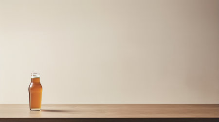 a blank wooden surface with a beer bottle, showcasing the minimalist style of a graphic designer. the composition features bold shadows, light bronze, and light beige tones, reminiscent of the work of todd hido. the lively tableau is set against a minimalist background, with the beer bottle suspended or hanging in the frame. ai generatedの素材