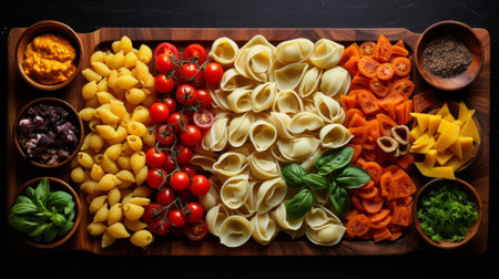 pasta bowls arranged on a wooden plate with herbs, olives, and vegetables. the composition is reminiscent of colorful op art, featuring strong contrast and chiaroscuro. the aerial view captures the arrangement in a visually striking manner. the influence of les nabis is evident in the bold chromaticity, with a dominant color palette of white and orange. ai generatedの素材