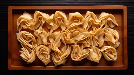 cooked dumplings arranged in a wooden dish, captured from a top view perspective. the presentation of the dumplings is reminiscent of the artistic style of tony cragg, with elaborate drapery and rectangular fields. the intricate embellishments on the dumplings bring to mind the works of roberto ferri. this high-resolution image, shot in 32k uhd, showcases the attention to detail, much like the art of billの素材