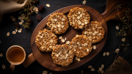two oat cookies are showcased on a wooden plate against a dark background. the composition resembles radiant clusters, with a touch of social commentary. the cookies, reminiscent of sabbas apterus, beautifully blend natural and man-made elements. circular shapes dominate the scene, while the warm tonal range adds to the lively and energetic atmosphere. ai generatedの素材