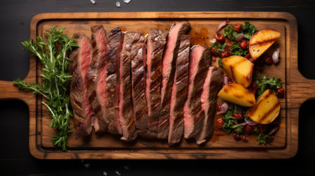 a delicious steak dish with potatoes and herbs, beautifully presented on a wooden board. this high-quality stock photo captures the essence of a mouthwatering meal. the image features a combination of dark pink and dark brown tones, reminiscent of the western zhou dynasty. the composition is reminiscent of wayne thiebaud's layered lines, showcasing exquisite detailing. this uhd image is available in 8k resolution, offering stunningの素材