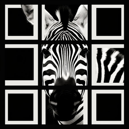 a photo art print featuring a zebra in squares, created by frank david wallenstein. this piece is inspired by minimalist grids and showcases symmetric compositions. with influences from artists like dave mckean, the image captures the essence of characterized animals. the high-resolution, 8k quality adds depth and detail to this visually stunning piece. ai generatedの素材
