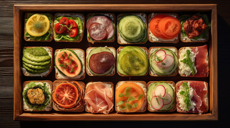 a wooden tin box filled with a variety of sandwiches, showcasing luminous color harmonies and symmetrical arrangements. this visually captivating image draws inspiration from danish golden age art, incorporating techniques like focus stacking. influenced by artists such as marcin sobas and emil nolde, the vibrant composition evokes a sense of nostalgia, reminiscent of the windows vista era. ai generatedの素材