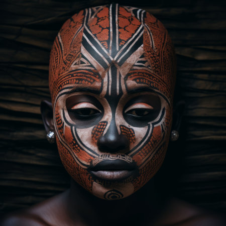 egyptian woman's face painted for ethnic day of the dead celebration, showcasing a fusion of artistic styles including papua new guinea, bamileke, afrofuturism, and dogon art. the captivating dark orange and light black colors create a visually striking composition. this narrative photograph beautifully captures the essence of angura kei. ai generatedの素材