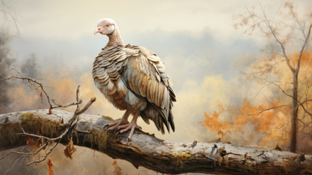 a large bird, resembling a paleocore illustration, is seen perched on a branch in a vibrant autumnal scene. the hyper-realistic details of the bird's feathers and the explosive pigmentation of the surroundings create a visually striking image. the duckcore influence is evident in the referential painting style, with spiky mounds adding an interesting texture. the color palette consists of light brown and pink tones. aiの素材