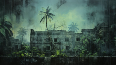 a dark wall with treetops behind a tower, showcasing a tropical landscape with painterly brushwork. the scene evokes a sense of post-apocalyptic ruins, with hints of light cyan and green. the detailed world-building is captured in this 20-megapixel image, inviting viewers to explore the enigmatic tropics. ai generatedの素材