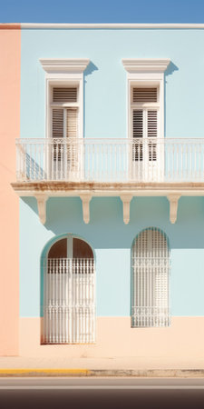 the window of a colorful building beside the sidewalk showcases a tropical baroque style with light pink and light azure hues. the crisp and clean lines of the italianate flair add to the overall aesthetic. the whitewashed narratives on the building's facade create a striking contrast with the light azure and amber accents. ai generatedの素材