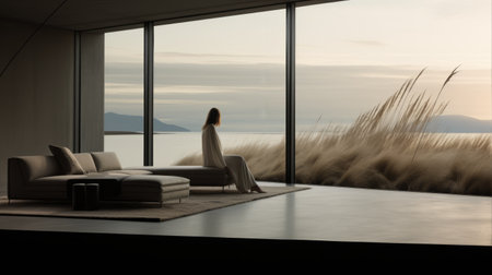 an open floor, sitting alone in a field of tall grass, showcases a contemporary minimalist style. with its light gray and dark black color palette, sculptural aesthetics, and muted colors, this setting exudes a sense of calm and simplicity. the coastal views add a touch of serenity to the minimalist sets, creating a gothic revival ambiance. ai generatedの素材