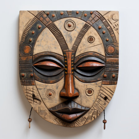 african handmade tribal black wood inlaid wooden wall mask captures the essence of cultural heritage with its close-up intensity. this wooden wall sculpture showcases a combination of light brown and indigo colors, creating a high detailed and layered composition. the intricate inlay work and detailed painting make it a captivating found object that adds a touch of artistry to any space. ai generatedの素材