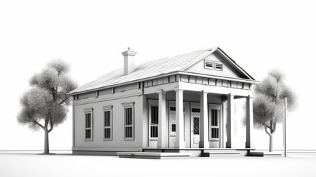 a 3d graphic stock photo of a new england building model, showcasing the classical revival style. the minimalist ink wash technique adds a touch of simplicity, while the hyperrealistic precision brings out intricate details. the color palette of white and gray enhances the prairiecore aesthetic, blending seamlessly with everyday life. this photo is inspired by synthetism, offering a unique artistic perspective. ai generatedの素材