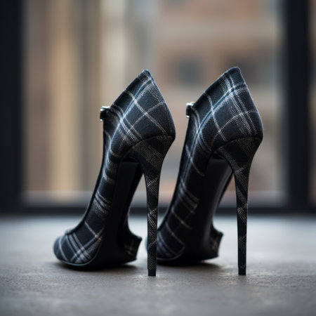 black and white floral high heel shoes with a black and white tartan pattern, captured in the style of monochromatic shadows by andreas levers. the shoes feature a combination of light navy and dark gray hues, creating a visually striking contrast. the soft-focus technique used in this photograph adds a touch of elegance. inspired by the works of ron arad and robert antoine pinchon, theの素材