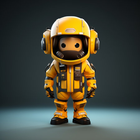 a marketing specialist in thailand wearing a special yellow suit made of futuristic material. the suit is closed with a helmet attached, giving a sense of protection and anonymity. the image depicts a clash of clans style 3d isometric scene, with a cartoon art render in a basic style. the low poly and low details add to the overall aesthetic. keywords: marketing specialist, yellow suit,の素材