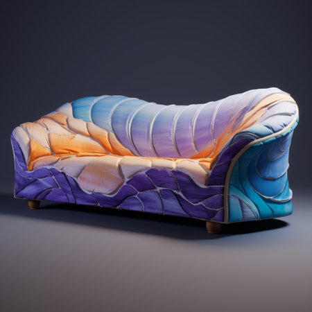 a 3d model of a unique sofa design that combines organic chemistry functional groups with textile elements. the sofa features a vibrant color palette of sunglow and seashell, with tonal crosshatching in seashell and medium-blue. the clay material adds a touch of earthiness, while the purple layer adds depth and richness to the overall design. ai generatedの素材