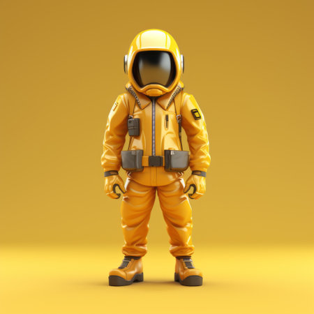 a marketing specialist in thailand wearing a special yellow suit made of futuristic material. the suit is closed with a helmet, creating a unique and eye-catching appearance. the image depicts a clash of clans style in a 3d isometric view, with a cartoon art render in a basic style. the low poly and low details add to the overall aesthetic. keywords: marketing specialist, yellow suit,の素材