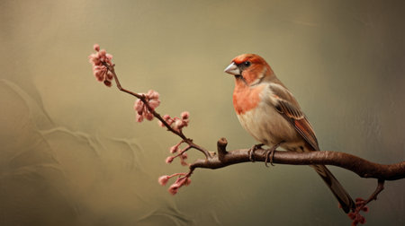 small bird perched on a branch surrounded by vibrant pink flowers. the photo captures a beautiful blend of light red and light brown tones, reminiscent of the artistic styles of flora borsi, mandy disher, and peter blume. the image showcases photo-realistic techniques, while also evoking a sense of confucian ideology. a perfect representation of the emerging caninecore aesthetic. ai generatedの素材