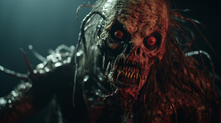 a hyper grainy and hyper detailed film still from a 1980s grindhouse movie. this dark scene, shot in the night, captures a disgusting monster in a punk art style. the image has a gritty and realistic feel, reminiscent of a panos cosmatos movie about a necronomicon demon warrior. shot with a canon eos r3 and a 50mm f/1.8 lens, the image showcases intricate details andの素材