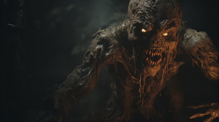 a hyper grainy and hyper detailed film still from a 1980s grindhouse movie featuring a disgusting monster in a dark scene. this punk art-inspired photo, shot with a canon eos r3 and a 50mm f/1.8 lens, captures the eerie atmosphere of a gritty panos cosmatos film about a necronomicon demon warrior. the image showcases intricate but simple details, chromatic aberration, and a melting claymation lord.の素材