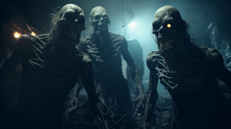 a hyper grainy and hyper detailed film still from a 1980s grindhouse movie. this dark scene, shot in the night, captures a disgusting monster in a punk art style. the image has a bloom effect and is reminiscent of a gritty panos cosmatos movie about a necronomicon demon warrior. shot with a canon eos r3 and a 50mm f/1.8 lens, the image showcases hyper realisticの素材