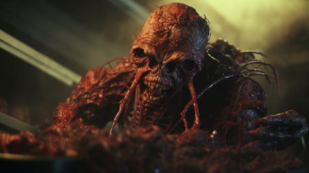 a hyper grainy and hyper detailed film still from a 1980s grindhouse movie. the dark scene, shot in the night, showcases a disgusting monster in a weird photoshoot. the image has a punk art aesthetic with a touch of realism. the 4k, 8mm film captures the intricate yet simple details of a melting claymation lord. this hyper realistic photography, shot with a canon eos r3の素材