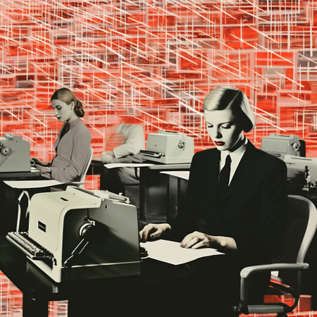 a woman holds a typewriter while a man observes her, both surrounded by a surreal collage landscape. the scene showcases orderly symmetry and features infrared elements. the composition evokes a mid-century aesthetic with the presence of red threads. the image is characterized by uniformly staged images and repetitive rephotography techniques. ai generatedの素材