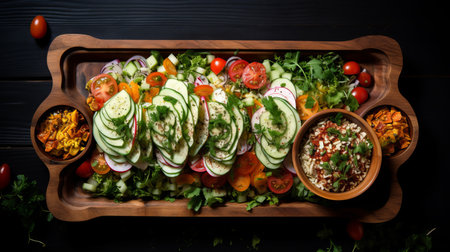 a visually stunning platter showcasing a variety of vegetables and delectable foods. this artfully arranged composition, reminiscent of the style of nikon d850, features a multi-layered presentation with vibrant colors and textures. captured in 32k uhd resolution, the symmetrical arrangement highlights the meticulous attention to detail. inspired by the les nabis movement, this wooden platter exudes a harmonious blend of artistry and culinary delight. aiの素材