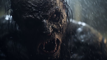 a hyper grainy, hyper detailed film still from a 1980s grindhouse movie. this dark scene, shot in the night, captures a disgusting monster in a punk art style. the image, reminiscent of a gritty panos cosmatos film, showcases a hyper realistic and hyper detailed depiction of a necronomicon demon warrior. with its 4k resolution and 8mm aesthetic, this photograph exudes a 1970s japanese horror claymationの素材